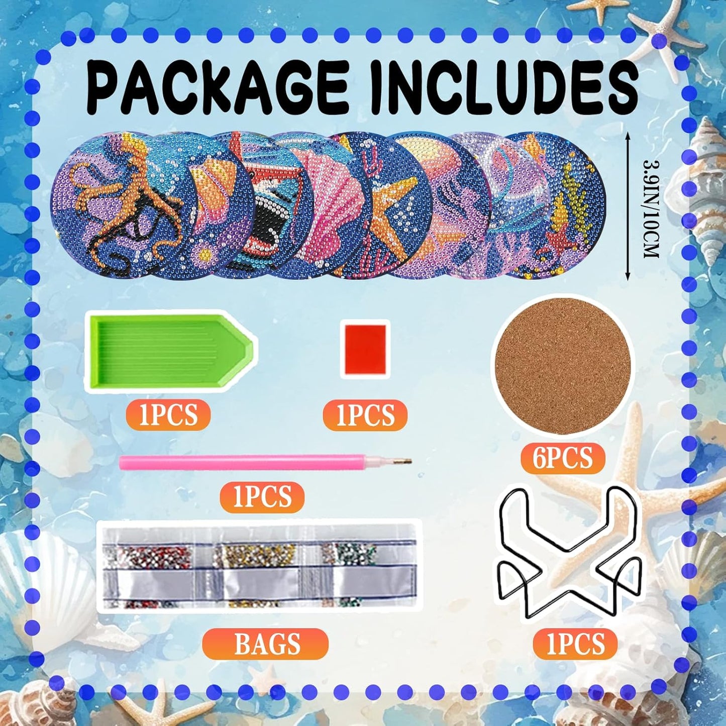 DOZEEZOP 8 PCS Diamond Art Coasters Kit, 5D Diamond Painting Coasters with Holder, Fall Small Diamond Art Kits for Adults Beginners, Diamond Dots Arts and Crafts Supplies Ocean