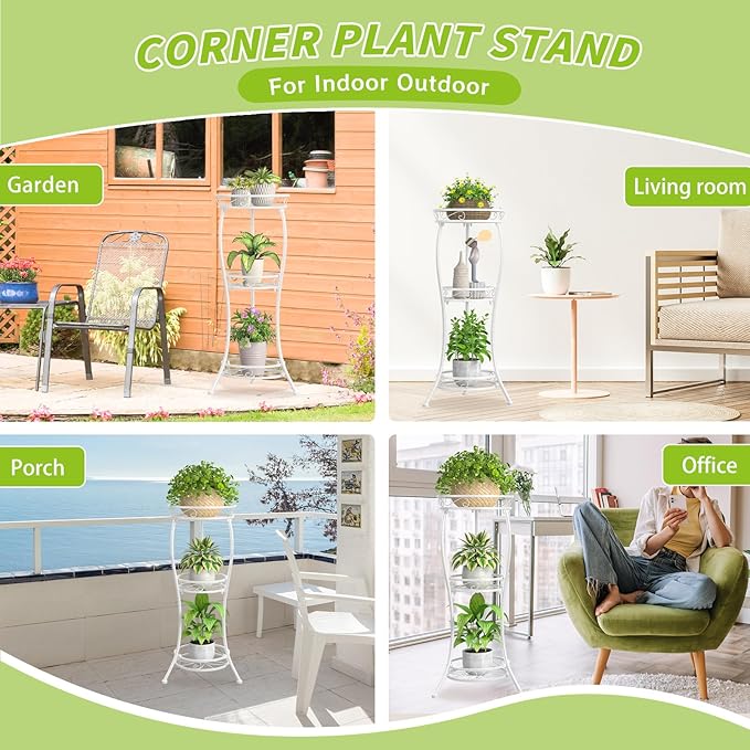 KMOTASUO 3 Tier Tall Metal Plant Stand, 34 Inch Plant Stands Indoor Outdoor, Rustproof Wrought Iron Flower Pot Holder Display Rack for Corner Patio Garden Balcony Living Room(White)