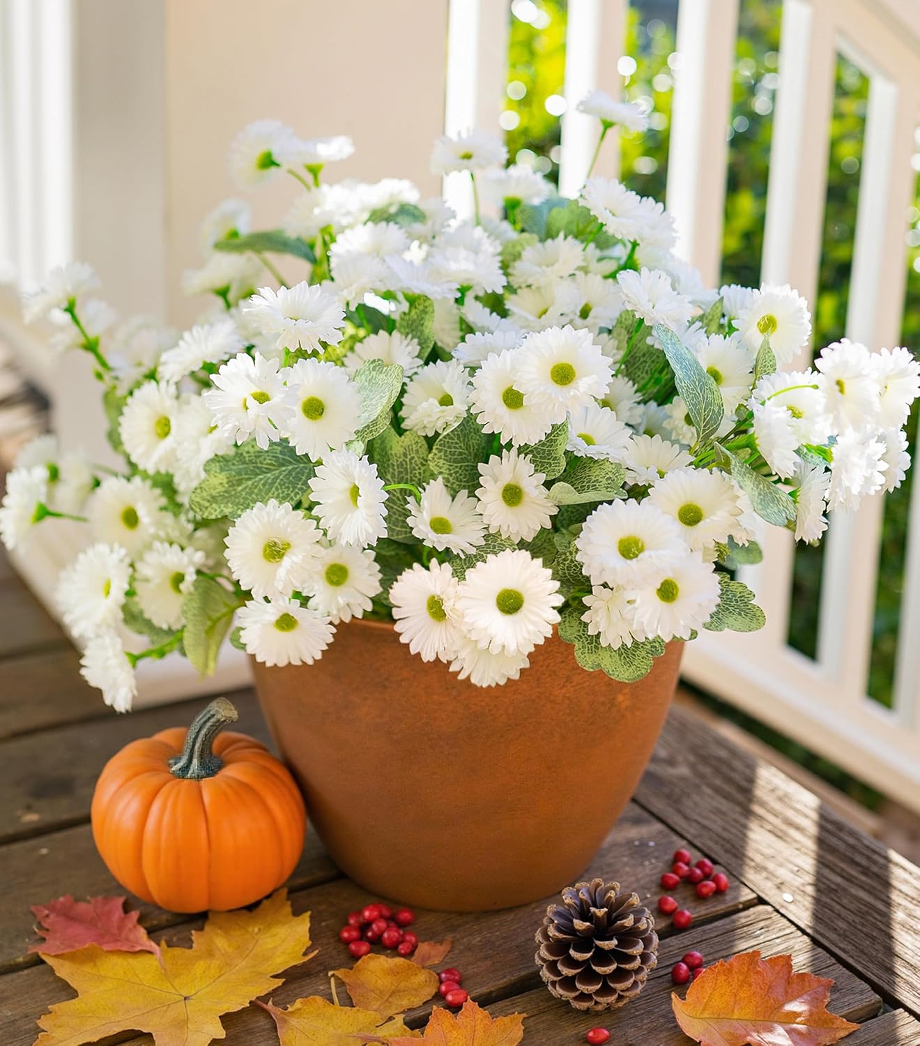 HyeFlora Dahlia Artificial Fall Flowers for Outdoors Autumn Decoration, 6 Bundles Fake Mums White Faux Flowers Plants Realistic UV Resistant Silk Flowers for Outside Planter Front Door Yard Garden