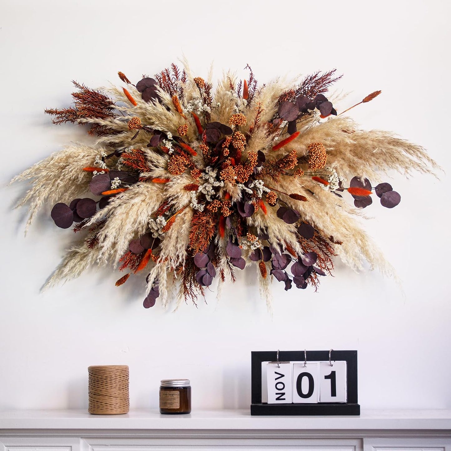 Fall Pampas Grass Wall Decor, Boho Floral Arch Swag with Orange Accents and Purple Eucalyptus, Thanksgiving Wedding Backdrop Arrangement