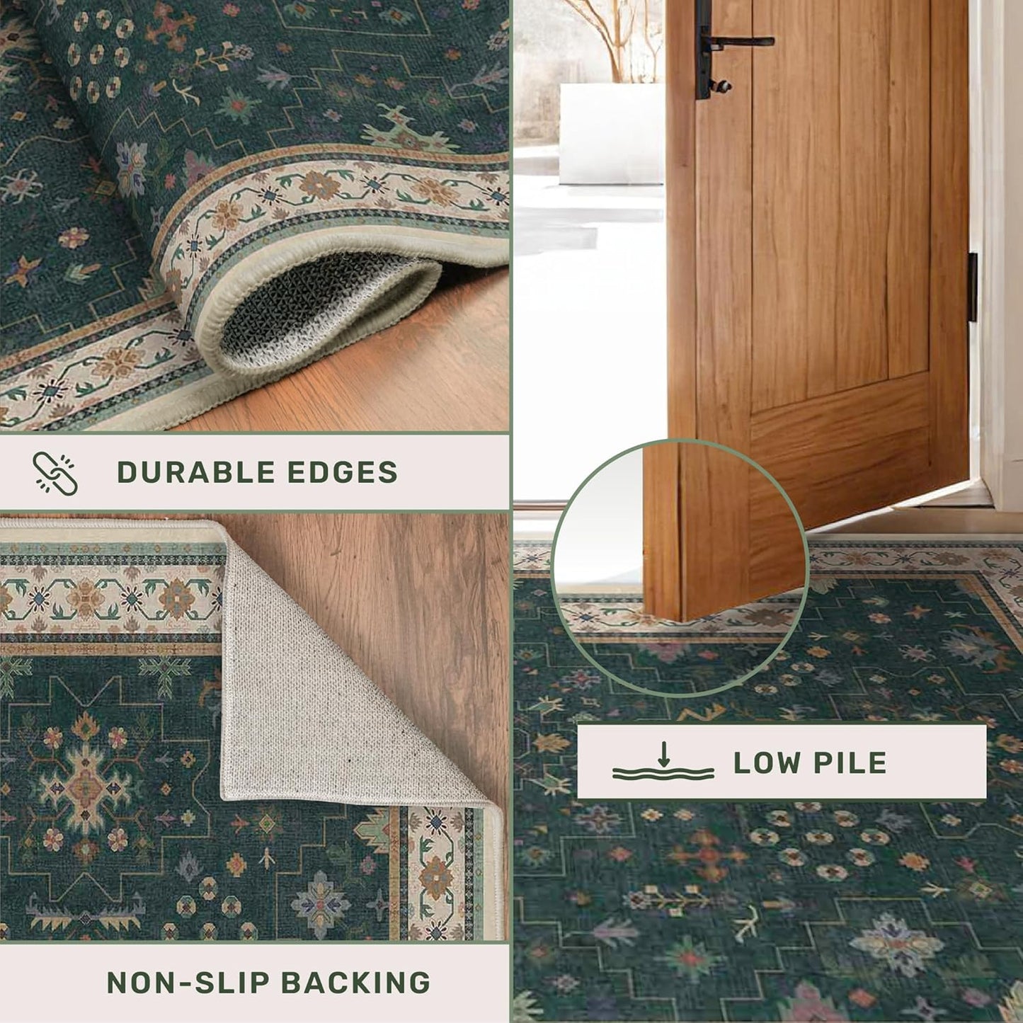 Dark Green Oushak 5x8 Living Room Rug - Modern Vintage Boho Eclectic Floral Pastel, Washable Low Pile Non-Slip Large Area Rugs for Nursery Dining Under Table Bedroom Lounge
