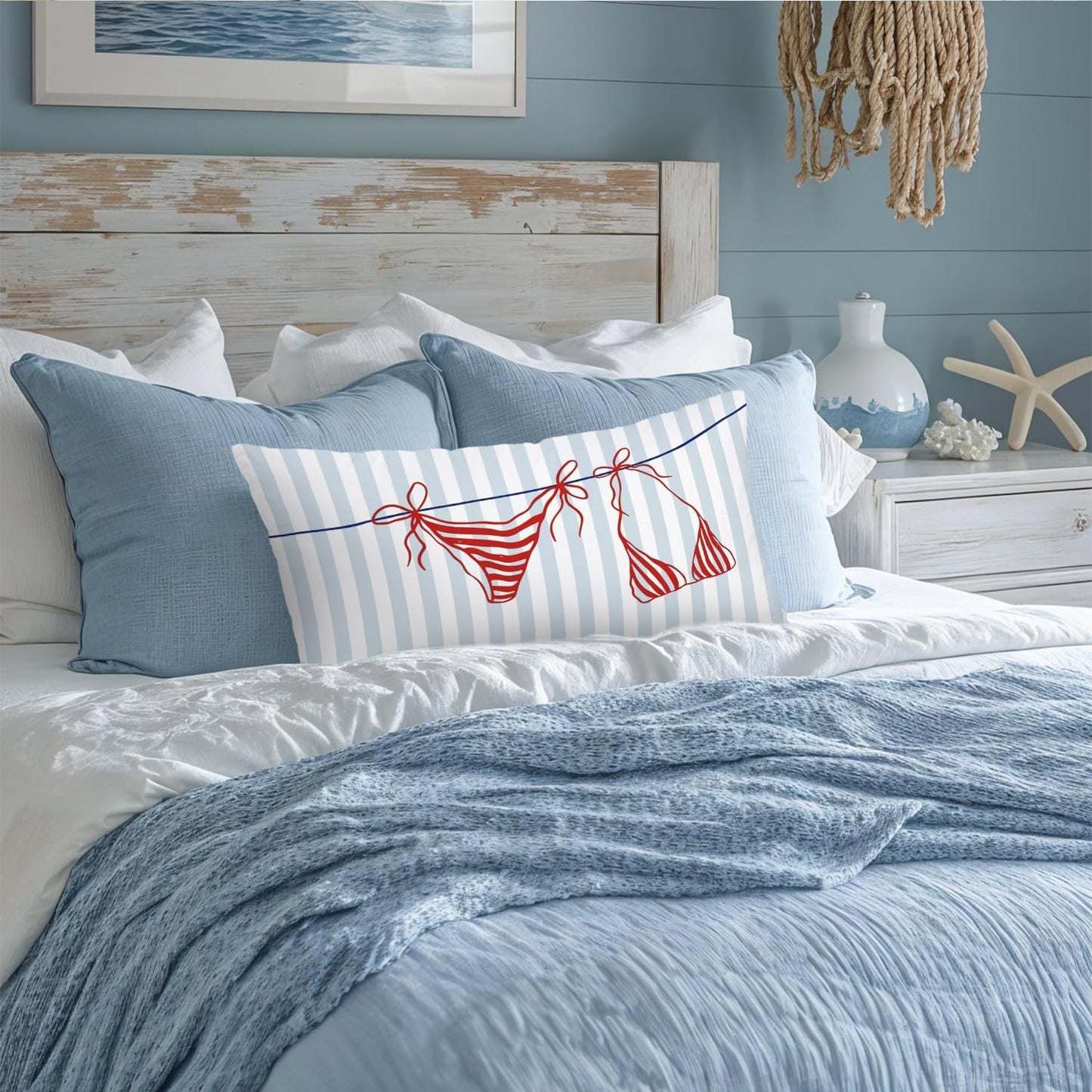 Blue Coastal Dorm Preppy Beach Girly Room Decor 12x20 Bikini Pillow Cover, Coastal Striped Decorative Lumbar Pillow Covers for Girls Bedroom College Dorm Sofa Couch