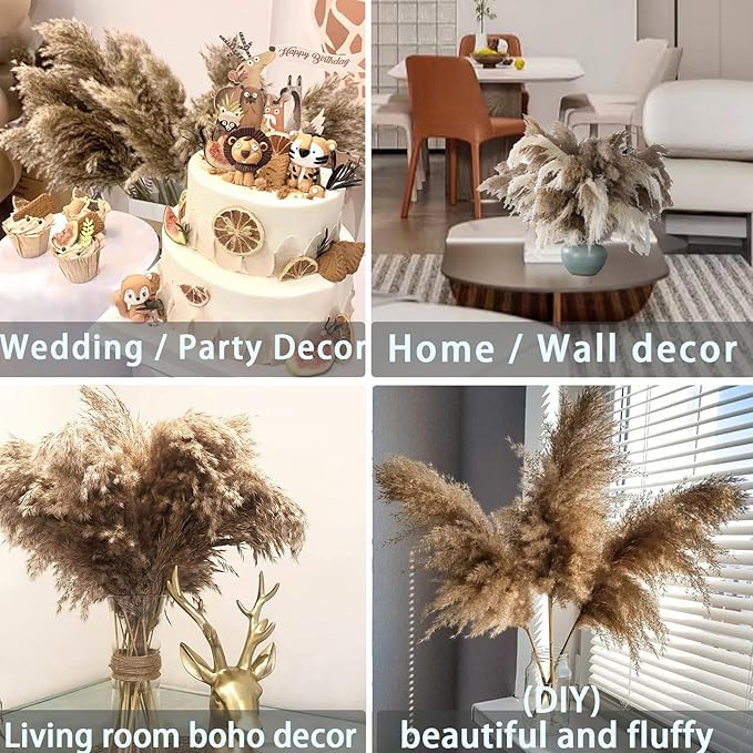 30 Stems Home Decor - Natural Dried Pampas Grass, Fluffy Brown Pompas Grass, Dry Small Pampas Bulk for Living Room Table Decor, Boho Decor, Party Wedding Decor , Gift(17.7 inch, 30 Brown )
