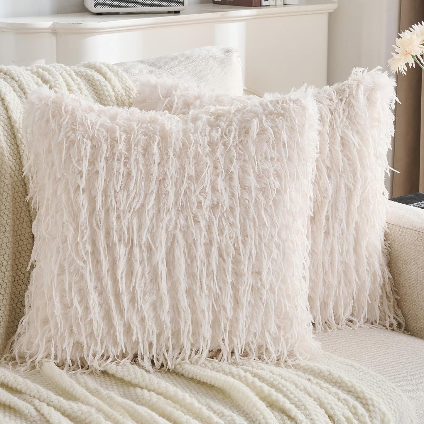 FUTEI Cream White Decorative Throw Pillow Covers 26x26 Inch Set of 2,Soft Fluffy Faux Feather Texture Euro Pillow Shams,Modern Home Luxury Decor for Couch Bed Living Room