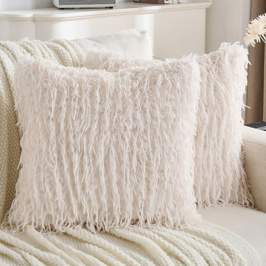 FUTEI Cream White Decorative Throw Pillow Covers 20x20 Inch Set of 2,Soft Fluffy Faux Feather Texture Cushion Cases,Modern Home Luxury Decor for Couch Bed Living Room