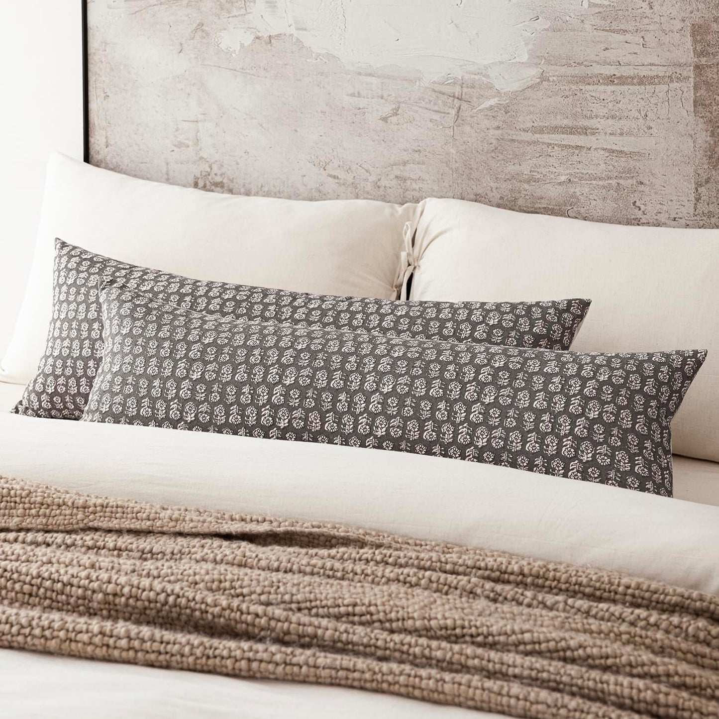Foindtower Set of 2 Decorative Vintage Long Lumbar Throw Pillow Covers Neutral Modern Farmhouse Cushion Covers Floral Home Decor for Sofa Couch Chair Bedroom Living Room,14×36 Inch,Rustic Gray