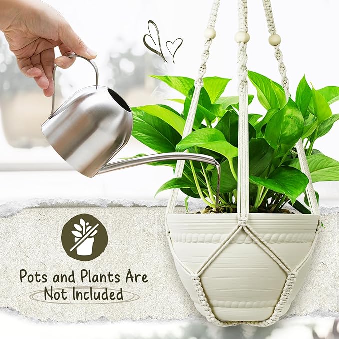 FGSAEOR Macrame Plant Holder Basket, Hanging 3-15 inch Pot, Bearing 20lb Planters, 35 Inches Extra Long Strong Boho Home Indoor Outdoor Décor (2-Pack) (Ivory)