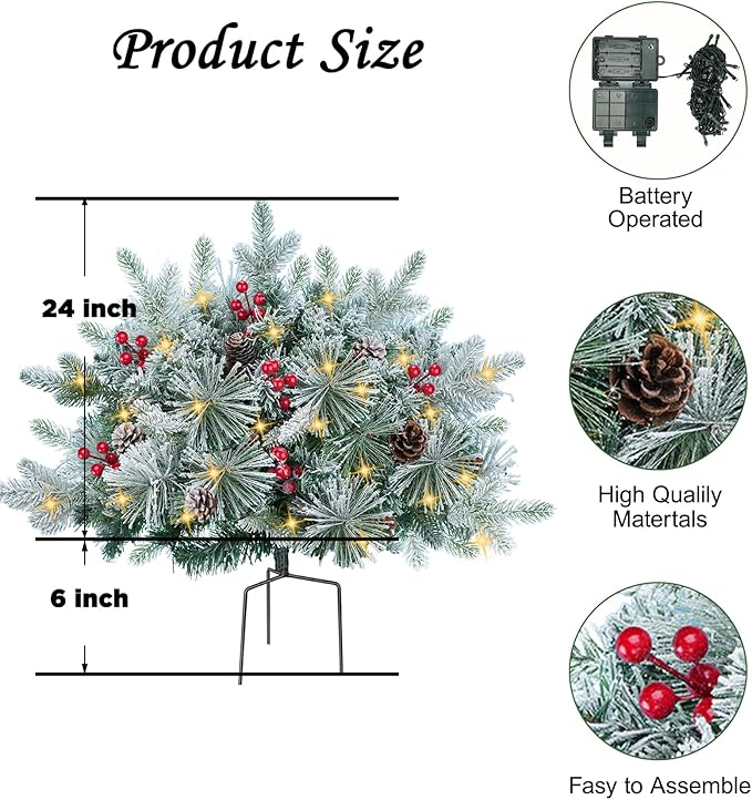24'' Small Pre-lit Christmas Trees Outdoor Flocked Artificial Christmas Trees with LED Lights Berrys Pinecone Christmas Urn Filler Mini Xmas Tree for Porch & Yard - Set of 2
