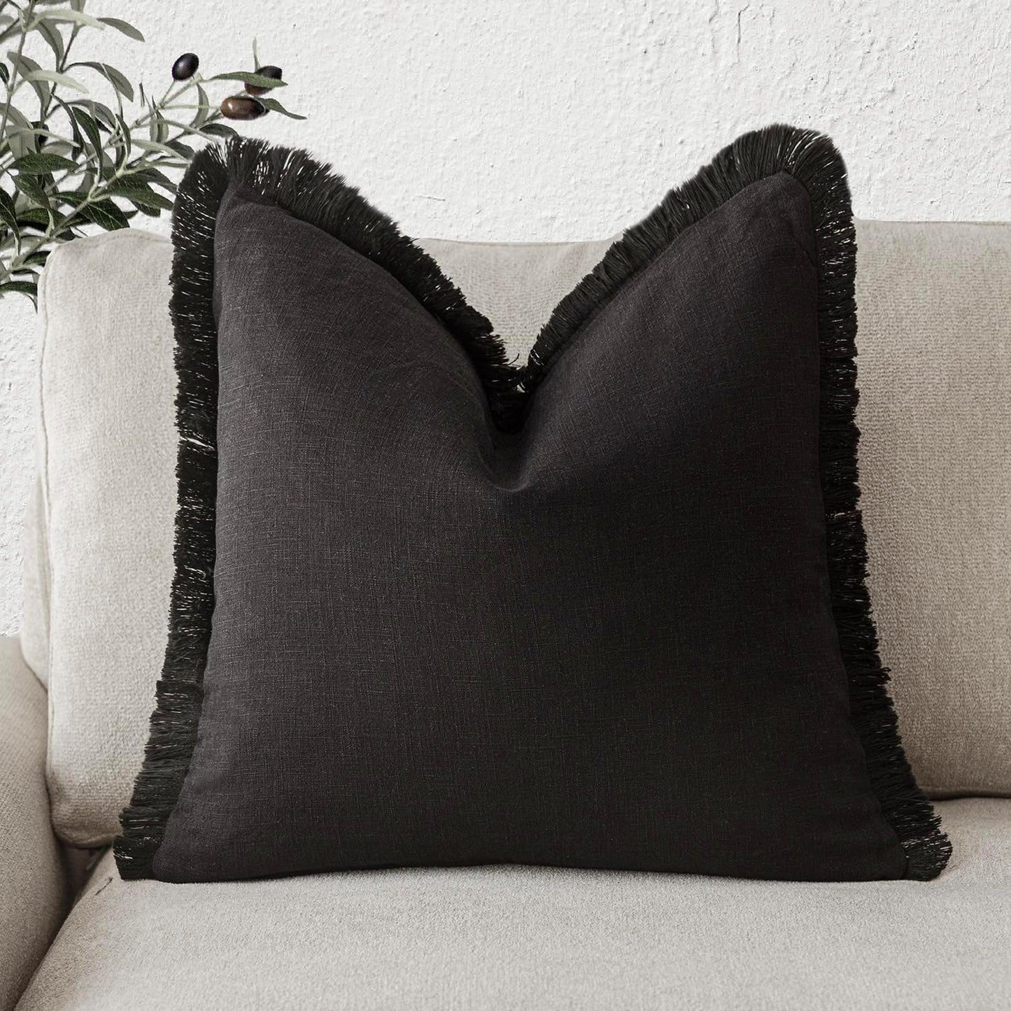 Foindtower Decorative Linen Fringe Throw Pillow Covers Cozy Boho Farmhouse Cushion Cover with Tassels Soft Accent Pillowcase for Chair Sofa Bed Living Room Home Decor, 26×26 Inch, 1PC, Black