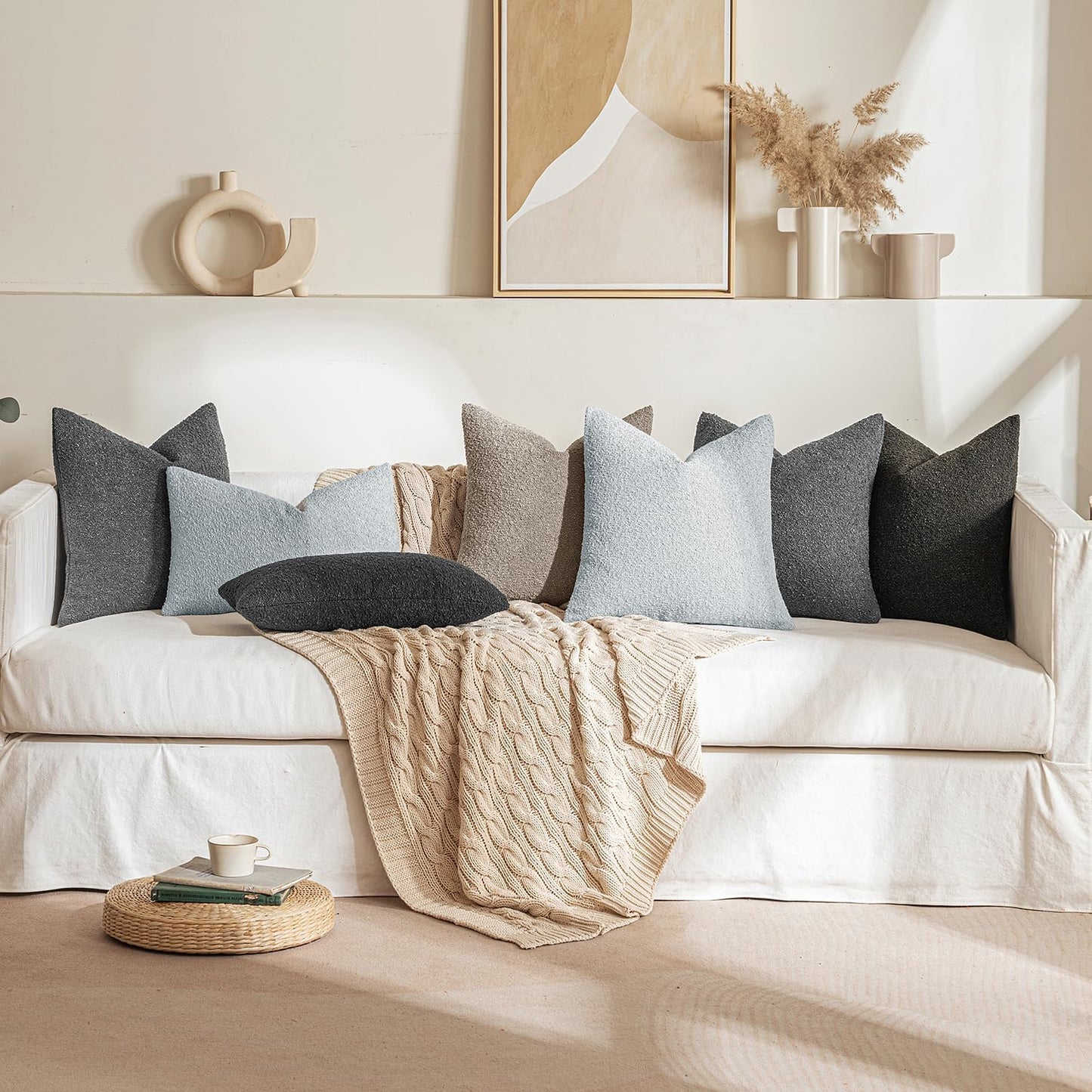 MIULEE 18x18 Inch Decorative Pillow Covers for Couch Bed Set of 2 Textured Boucle Neutral Winter Throw Pillows Light Grey Accent Solid Cushion Pillowcases Sofa Livingroom Home Decor