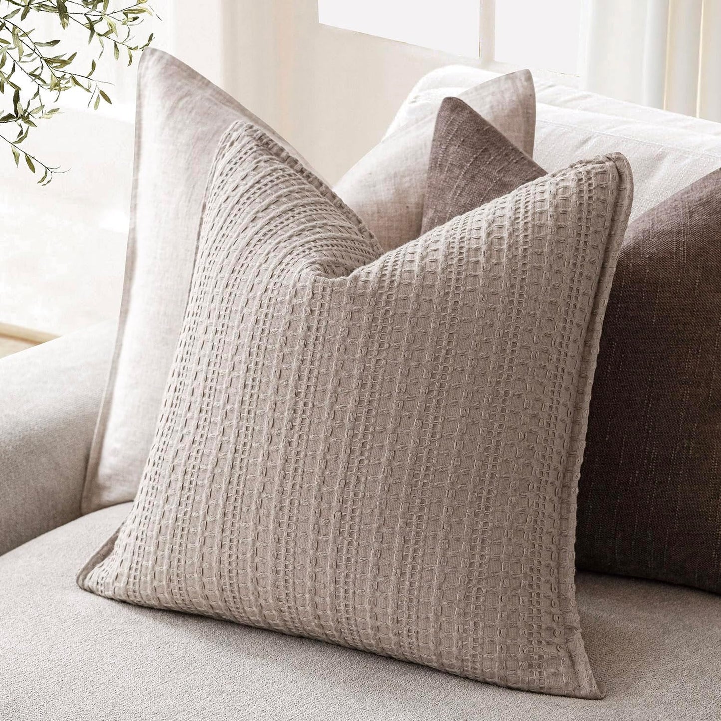 Foindtower Set of 2 Decorative Cotton Waffle Weave Throw Pillow Covers Euro Shams Cushion Covers Accent European Pillowcase for Bed Couch Sofa Bedroom Living Room Home Decor 18×18 Inch Tan Beige