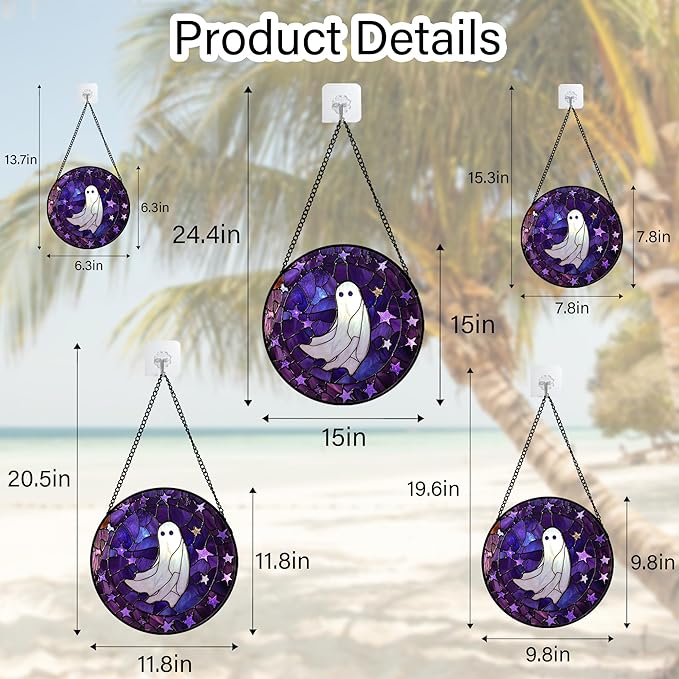 Stained Glass Window Hanging - Halloween Decoration Purple Star White Ghost Suncatcher for Doors Garden Indoor Spooky Sun Catchers Gothic Decor Horror Gifts for Women Men Friend 6.3 in