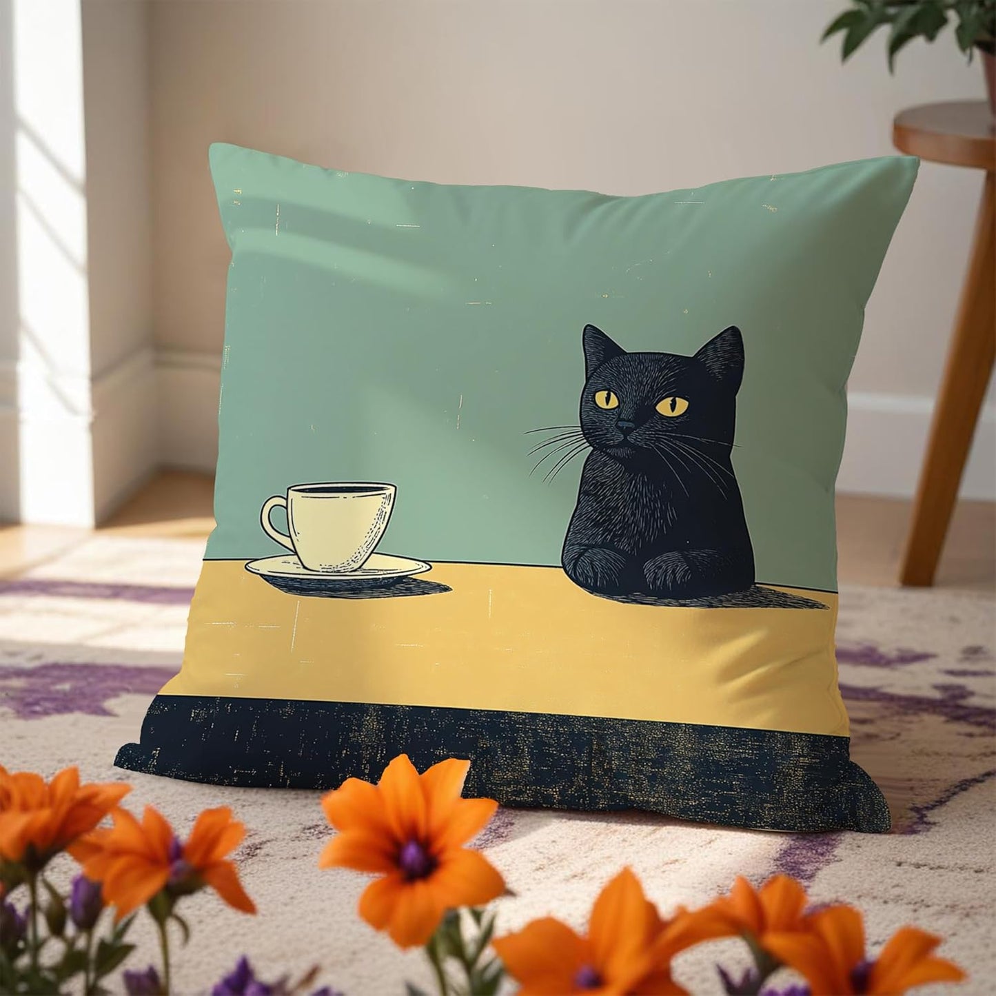 Black Cat Throw Pillow Covers 18x18, Vintage Black Cat Art Painting Decor Pillow Covers, Cats Lovers Mom Grandma Gifts, Aesthetic Cats Drinking Coffee Decor for Room Bedroom