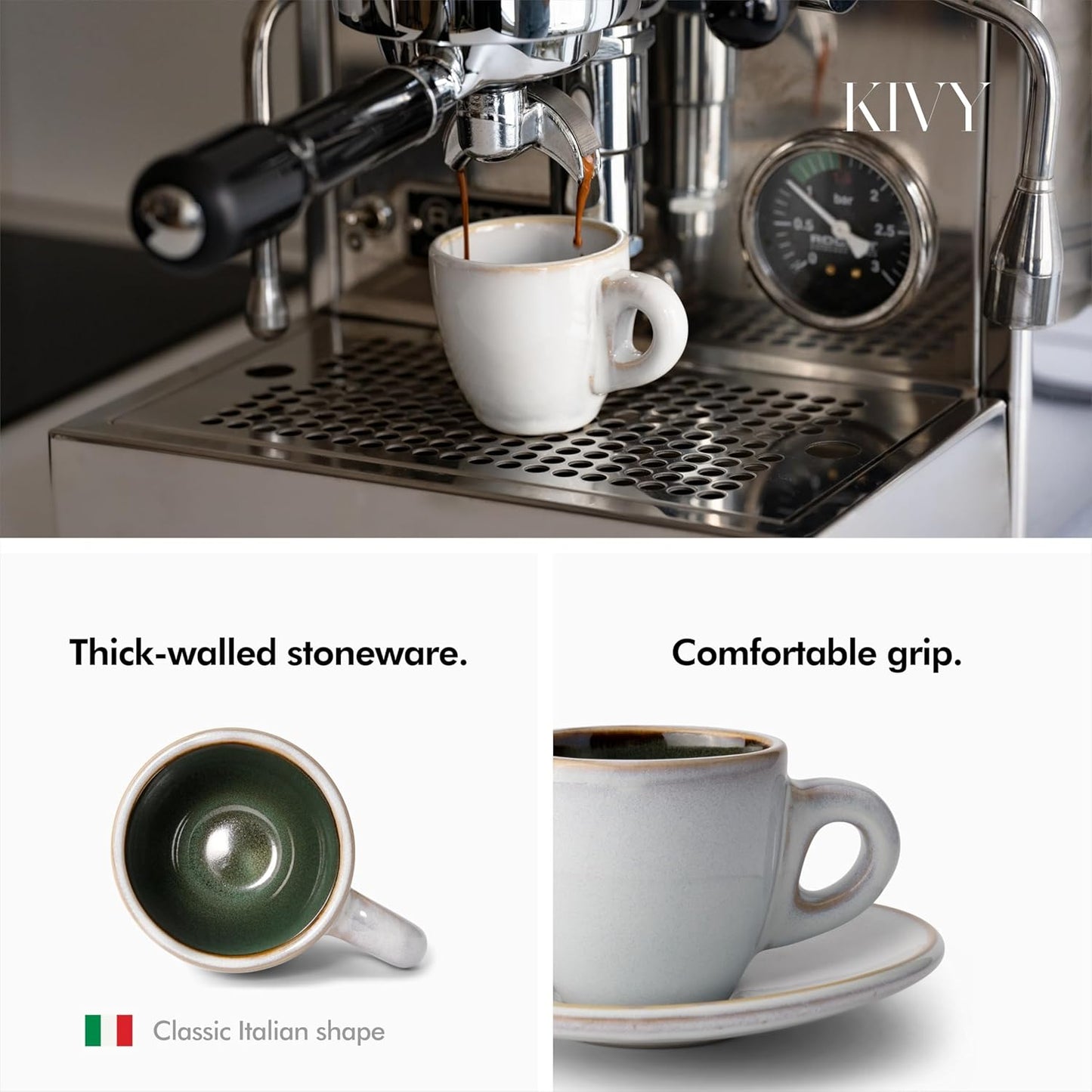 KIVY Stoneware Espresso Cups, 4-Piece Set - Italian Design, Thick-Walled, 3 oz, Microwave & Dishwasher Safe