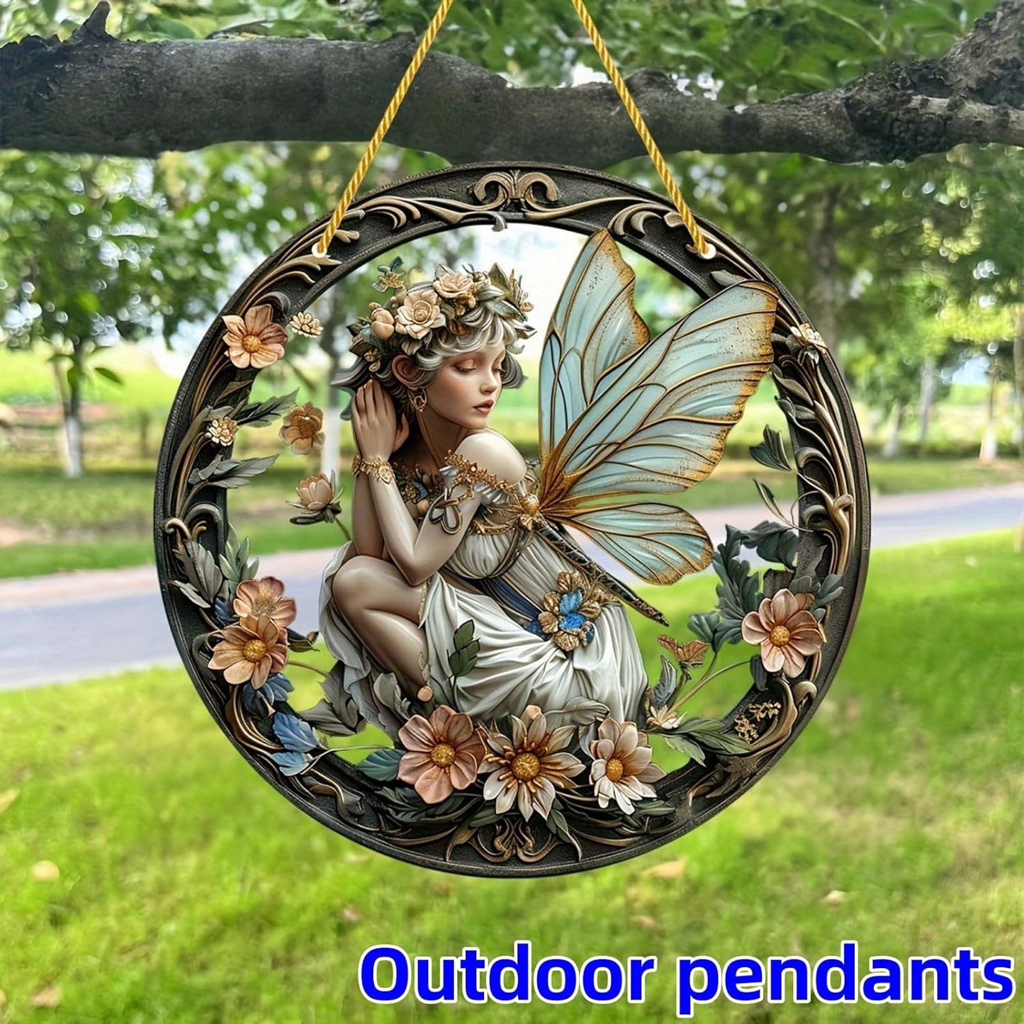Flower Fairy Garden Decorations Angel Wing Christmas Halloween Deco Statue Art Elf Sculpture Hanging Craft for Outdoor Yard Courtyard Lawn Patio Window Acrylic Ornament Home Gift (A,L: 8*8 IN)