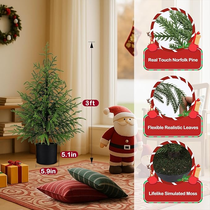 3FT Artificial Norfolk Pine Christmas Tree Real Touch Faux Tree with Black Pot, Realistic Indoor Holiday Decor for Christmas Entryway, Living Room & Office