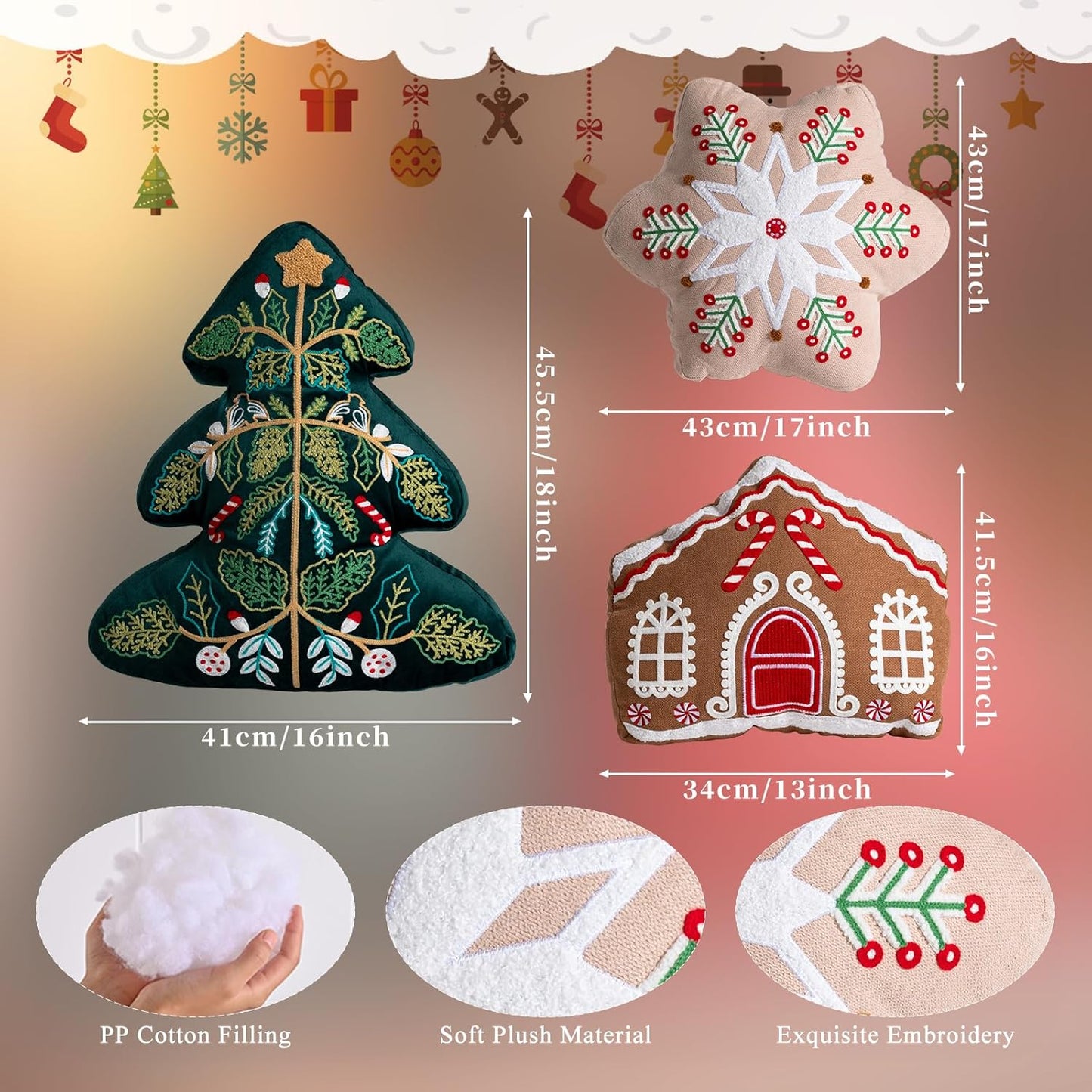 Lanpn Christmas Throw Pillows Set of 3, Christmas Decoration Winter Throw Cushion Snowflake Gingerbread House 3D Shaped Xmas Tree Pillow for Sofa Living Room Bedroom Xmas Decor
