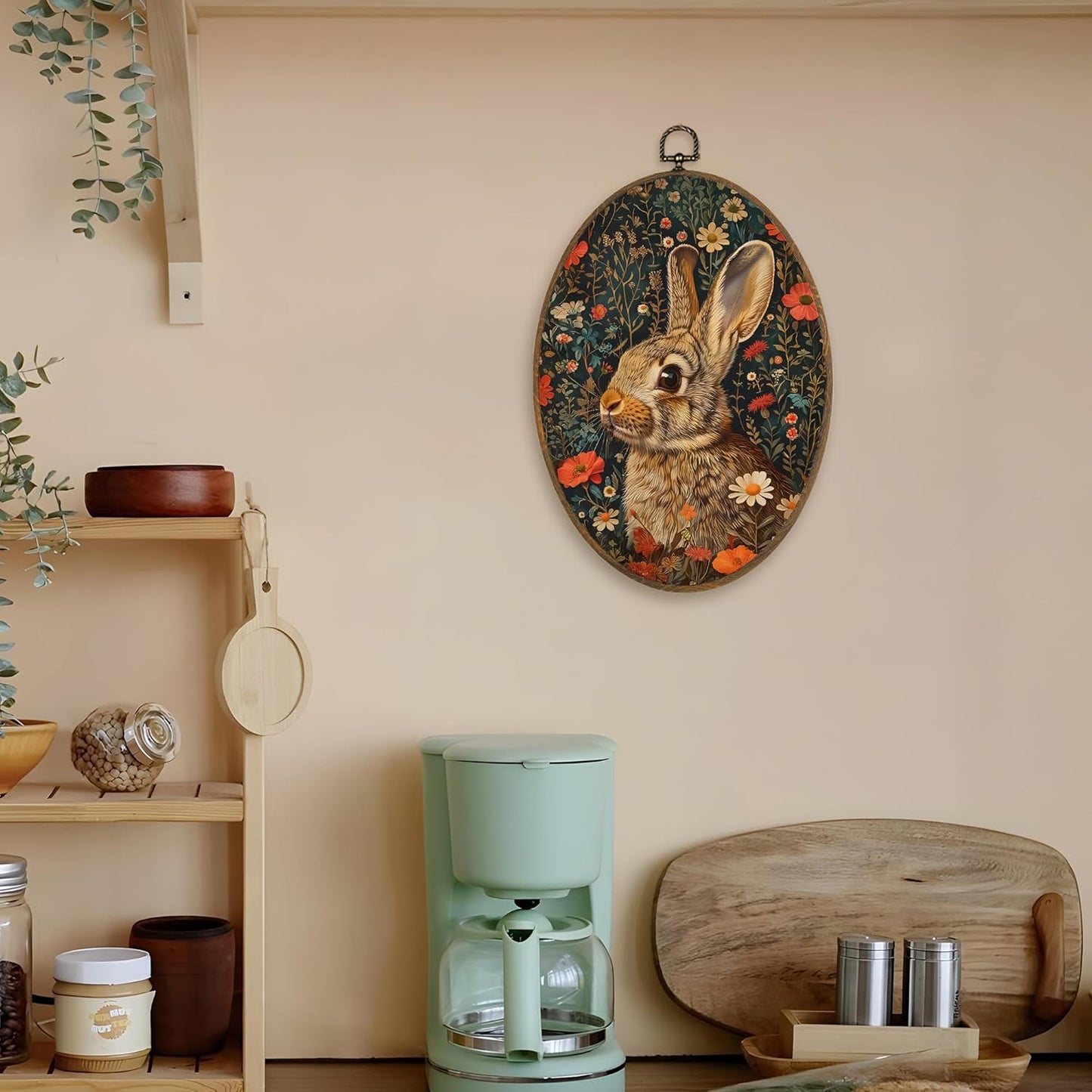 LKETW Vintage William Morris Bunny Floral Oval Wall Art Decor, Cottagecore Rabbit Botanical Floral Oval Canvas Hanging Decor, Retro Bunny Wall Decorations for Home Bedroom Living Room, 8.6x11.4 Inch