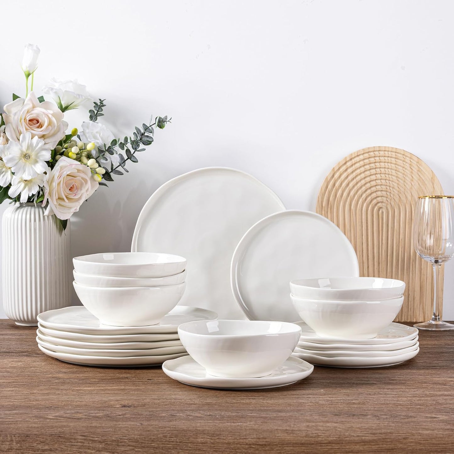 LERATIO Ceramic Dinnerware Sets for 6,Porcelain Plates and Bowls Sets with Wavy Edge, Oven &Microwave & Dishwasher Safe,Light Weight & Scratch Resistant Dishes Sets-Service for 6 (18pcs)-Peal White