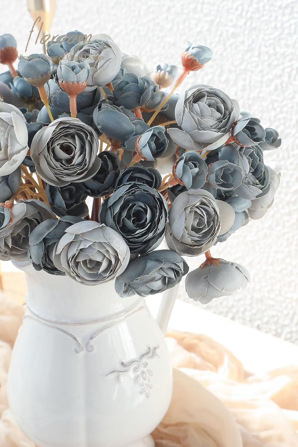 Floroom Ranunculus Artificial Flowers 18 Pcs Dusty Blue Faux Silk Mini Ranunculus Bulk Fake Wedding Filler Flowers for DIY Bouquets, Centerpieces, Bridal Shower Decorations & Arrangements