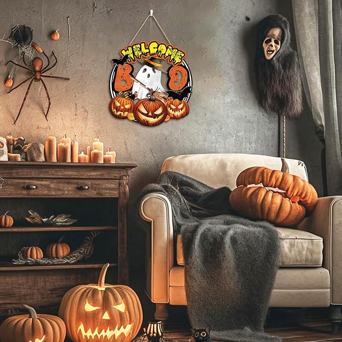 Welcome Halloween Sign,Cute Ghost Door Sign,Halloween Pumpkin Door Decor,Bat Pumpkim Wall Hanging,Black Cat Bat Boo Ghost Wall Decoration for Party Home Porch Yard Room Office Outdoor Indoor
