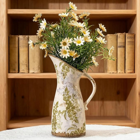 Vintage Ceramic Pitcher Vase with Handle, Farmhouse Green and Purple Large Floral Vases, French Country Decorative Vase, Rustic Table Centerpiece for Home Decor, Bookshelf, Office 10.5 Inch