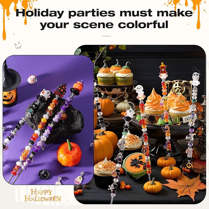 358PCS Halloween Beaded Garden Stakes, DIY Halloween Fairy Wand Garden Stake Decorative Kit with 12 in or 10 in Threaded Rod, Crystal Top, Large Holes Bead, Pendant for Outdoor or Indoor Decoration