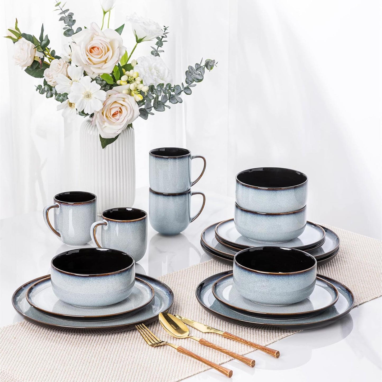 LERATIO Ceramic Dinnerware Sets for 4,16-PieceReactive Glaze Plates and Bowls Set with Mugs,Highly Chip and Crack Resistant | Dishwasher,Microwave & Oven Safe Dishes set-Gray White