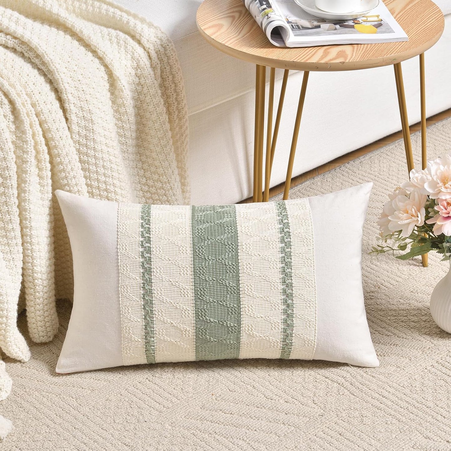 Fancy Homi Set of 2 Sage Green Boho Lumbar Decorative Throw Pillow Covers 12x20 Inch for Living Room Bedroom Couch Bed Chair, Rustic Retro Cushion Case, Bohemian Room Home Decor