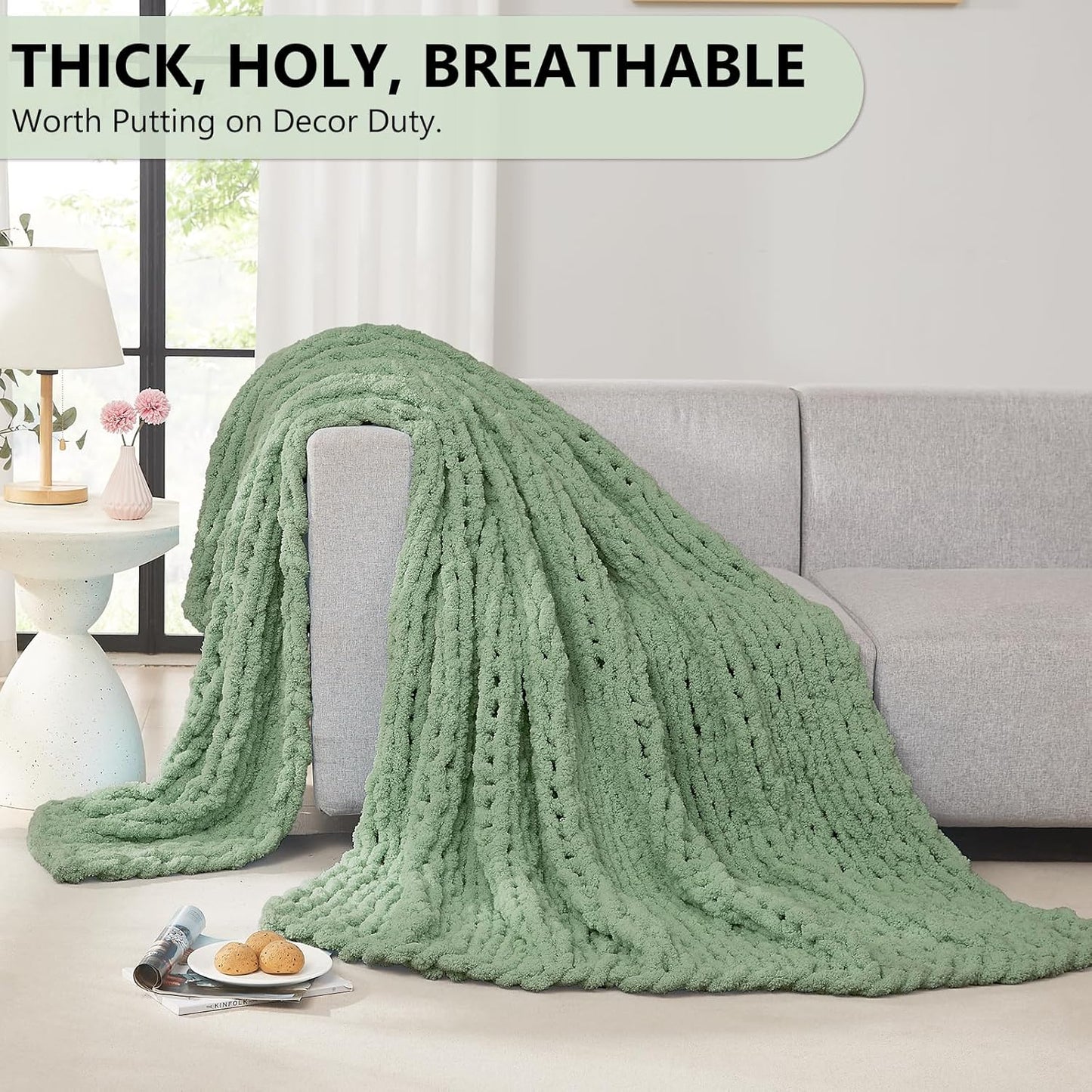 L'AGRATY Chunky Knit Blanket Throw: 80''x90'' Chenille Chunky Knitted Throw Blanket for Bed Couch - Handmade Thick Big Cable Knit Blanket - Large Chunky Crochet Blanket for Home Decor(Sage Green)