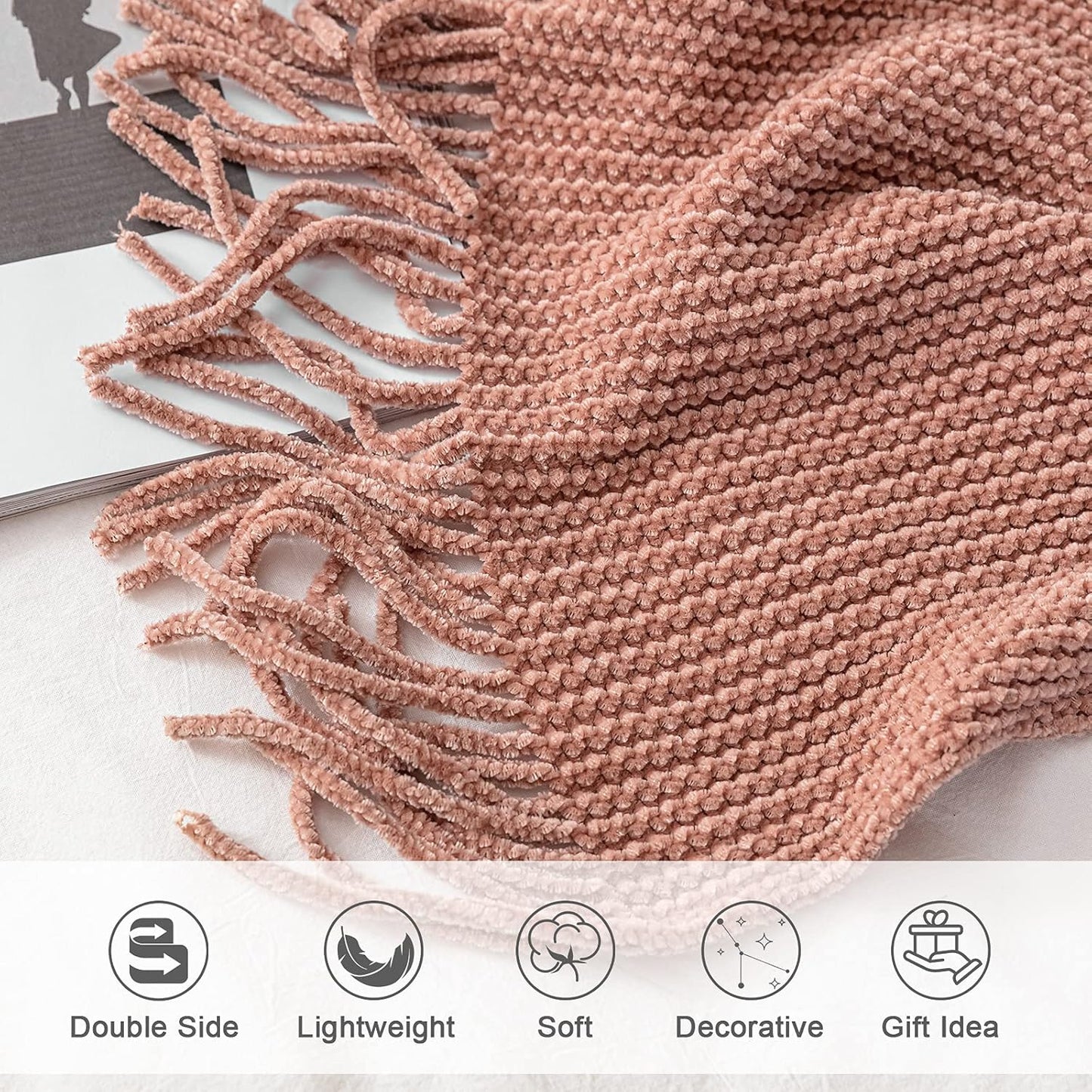 lifein Pink Throw Blanket for Couch, Soft Boho Decor Bed Throw,Cozy Chenille Knitted Small Farmhouse Lightweight Throw (Pink,50 * 60")