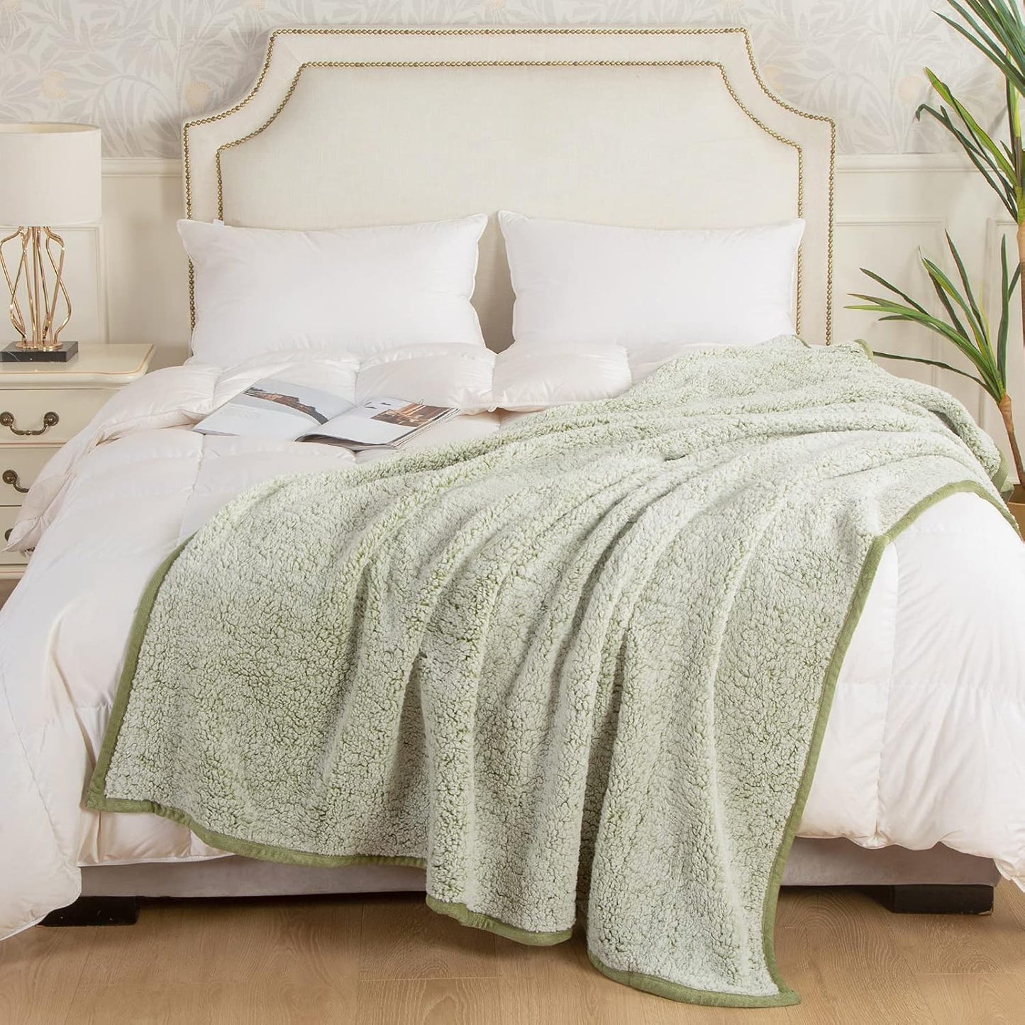 EMME Soft Sherpa Fleece Blanket Reversible Plush Fluffy Large Blanket, Light Weight Warm Decorative Boho Blanket Cover for Sofa, Couch, Bedroom,Travel(Plush Sage,108"x90")