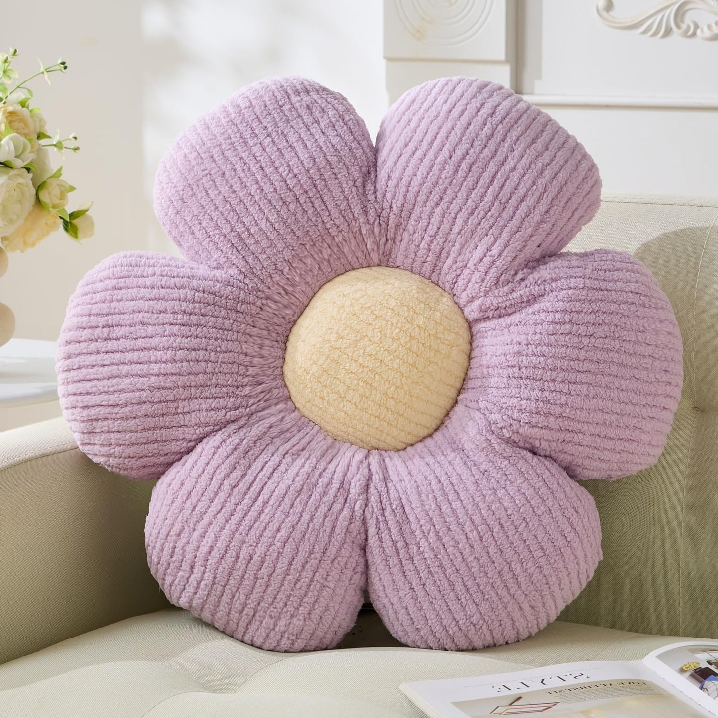 Cute Daisy Plush Throw Pillow, Purple Flower Shaped, 19.6" Seating Pillow, Home Decorative Floor Pillows