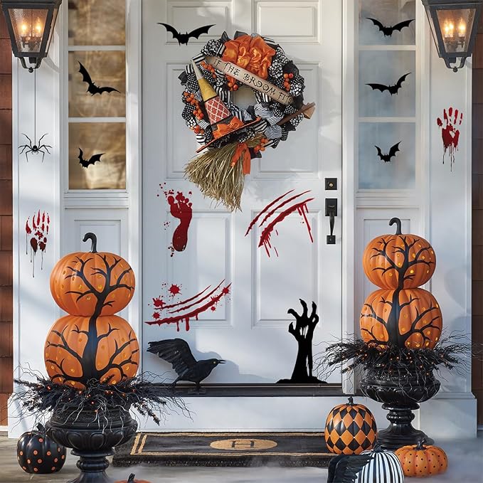 HLNIUC Gothic Style Halloween Wall Decal 45PCS Halloween Bloody Handprint Footprint Scary Indoor Decoration Horrible Bat Cat Halloween Window Clings Happy Halloween Room Wall Stickers for Kid Bedroom