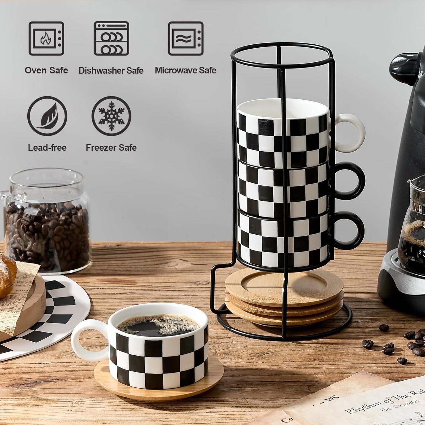 LUKA 6 Ounce Ceramic Stackable Black and White Checkered Espresso Cups with Saucers and Metal Stand Set of 4, Cappuccino Cups Set for Coffee Drinks, Latte, Cafe Mocha and Tea, White Interior