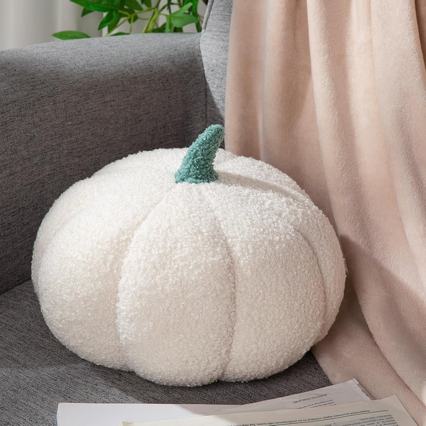 Kajaia 1 Pcs Simulated Pumpkin Pillow Plush 11 x 9.5 Inch 3D Cushion Fall Decorations Stuffed Throw Pillows Toy for Thanksgiving Christmas Halloween Bedroom Sofa Couch Supplies (White)
