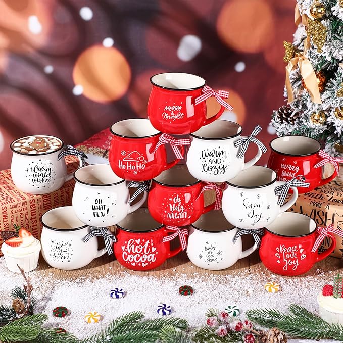 Zubebe Christmas Coffee Mugs Set of 12, 12 oz Hot Cocoa Ceramic Holiday Mugs Set for Mom, Woman, Family, Friend - Farmhouse Tiered Tray Decor, Coffee Bar Decor(Red, White)