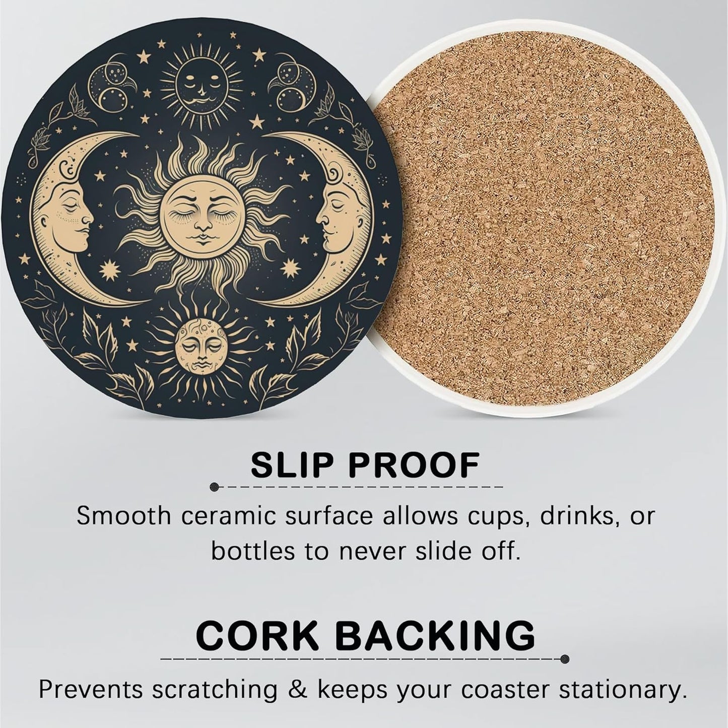 Drink Coasters for Drinks Set of 6,Golden Sun and Moon Absorbent Round Ceramic Stone Mat Coaster,with Cork Base and Metal Holder, Home Bar Decor House Warming Gift