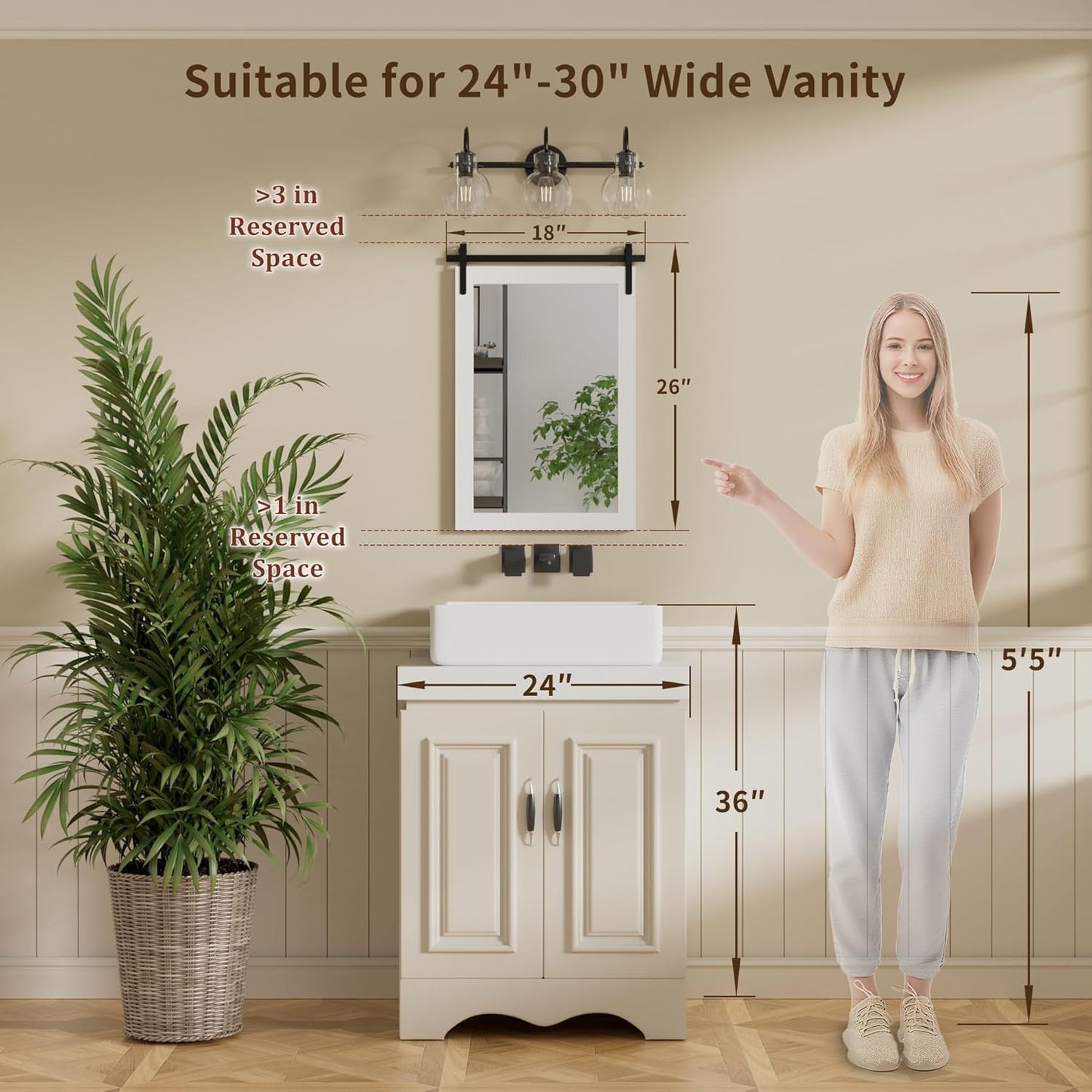 Farmhouse Bathroom Mirror, White Rustic Square Mirror for Wall Wood Framed Vanity Mirrors, Barn Door Style Decor Living Room Entryway Bedroom Mirrors, 18x26INCH (Hanging/Leaning)