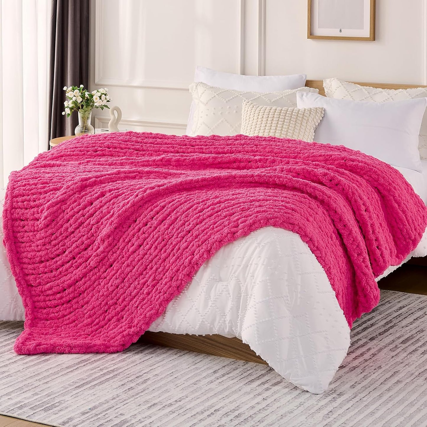 L'AGRATY Chunky Knit Blanket Throw: 50''x60'' Chenille Chunky Knitted Throw Blanket for Bed Couch - Handmade Thick Big Cable Knit Blankets - Large Crochet Rope Blanket for Home Decor(Hot Pink)
