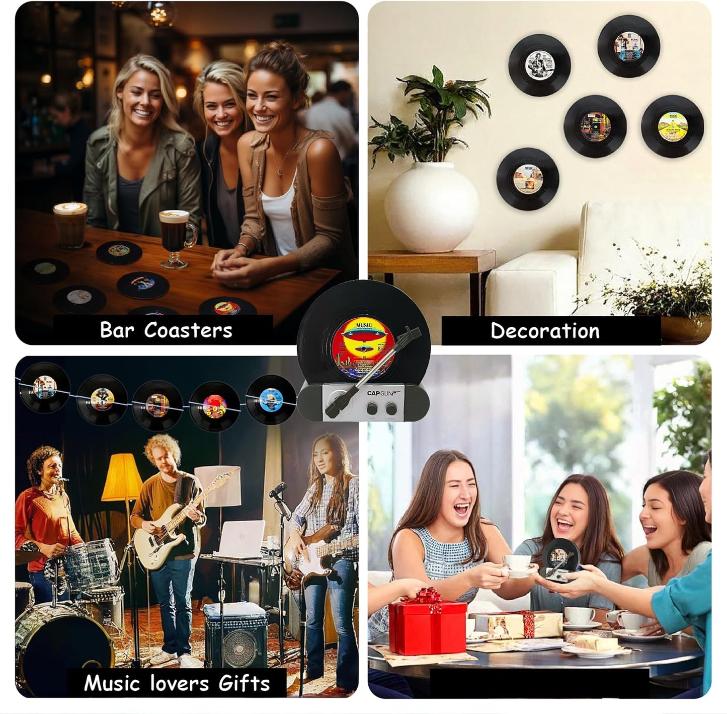 Funny Retro Vinyl Record Coasters, Creative Drink Coasters Set of 6 with Vinyl Record Player Holder for Music Lovers, Housewarming Hostess Gifts, Birthday and White Elephant Gifts Ideas