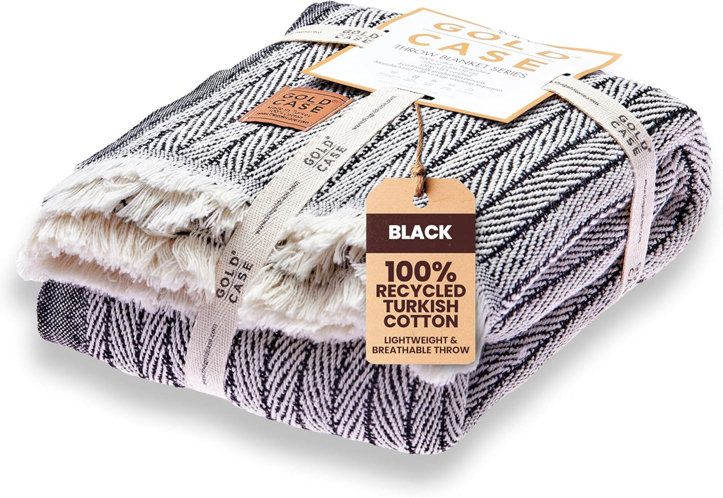 Gold Case Throw Blanket for Couch - 100% Recycled Turkish Cotton Blankets & Throws - Vintage Soft Throw Blankets for Living Room - Boho Decorative Woven Couch Blanket - 60x80 - Black
