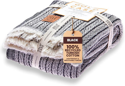 Gold Case Throw Blanket for Couch - 100% Recycled Turkish Cotton Blankets & Throws - Vintage Soft Throw Blankets for Living Room - Boho Decorative Woven Couch Blanket - 60x80 - Black