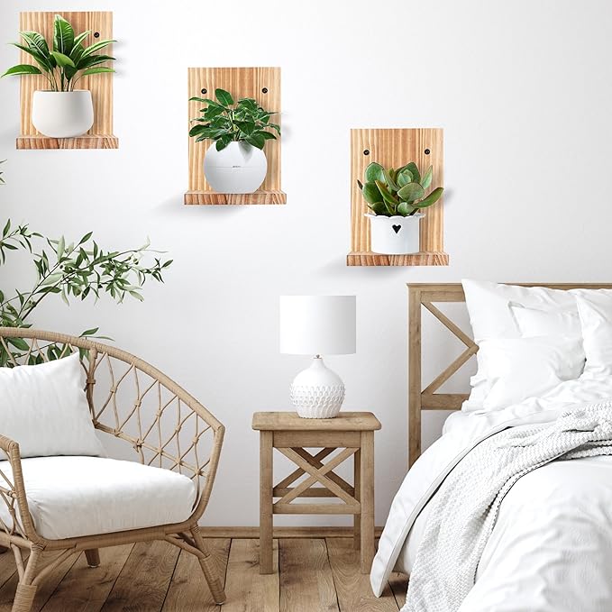 Small Wall Shelf Modern,Wooden Mini Floating Shelves,Indoor Wall Mounted Plants Shelf L Shaped,Midcentury Display Decorative Holder for Gallery Living Room Bedroom Porch,Pine,4 Pack(Carbonized Brown）