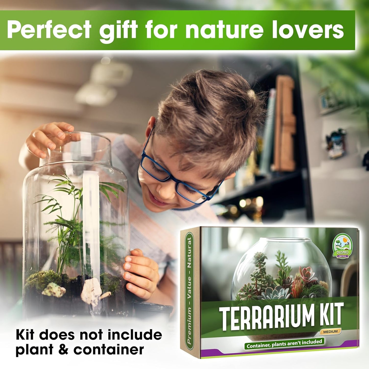 DUSPRO Recycle Terrarium Kit, Include Potting Soil, Pumice, Zeolite, Green Moss, Sphagnum Moss, Decorative Stone, Mesh, Tools, DIY Terrarium Kit for Kids, Air Plant, Succulent