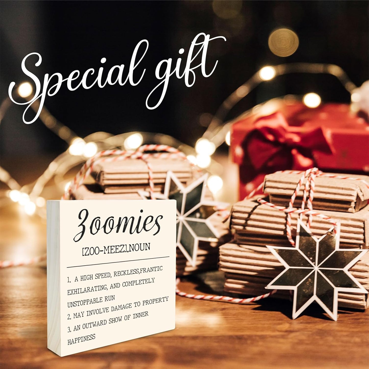 Dog Theme Wooden Block Sign - Zoomies - 4"X4" Decorative Pine Wood Plaque, Home & Office Desk Decor, Dog Lover Gift, Room Tabletop, Shelf Accessories (Khaki) - A03