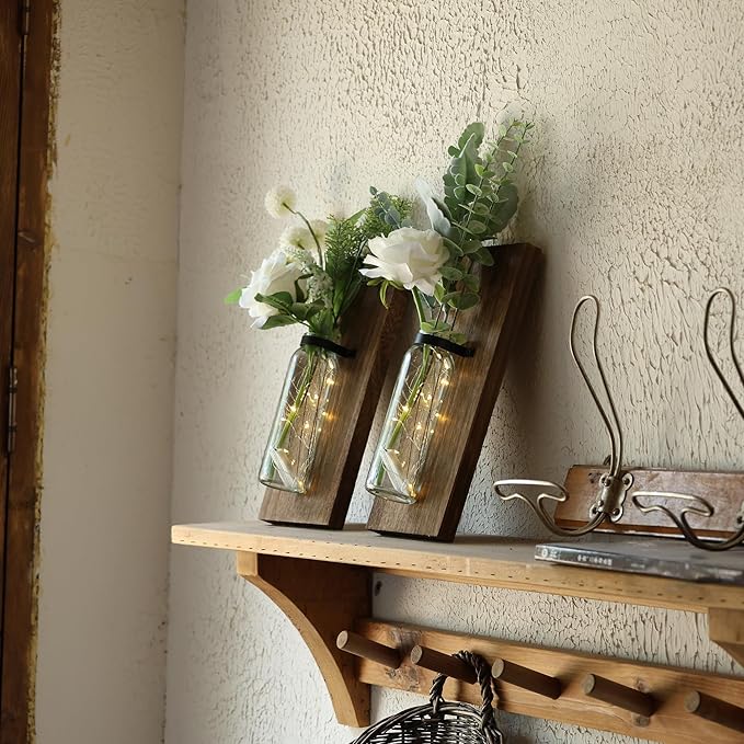 2 Pack Wood Glass Wall Sconces, Farmhouse Planters for Indoor Plants, Rustic Decor for Living Room, Hanging Vase (Brown)