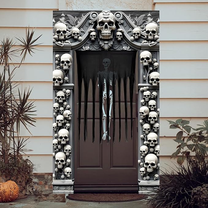 4 Pcs Halloween Cemetery Archway Door Cover Decoration Kit- Large Skeleton Front Door Banner Scary Gauze Cover for Indoor Outdoor Archway Garage Haunted House Party Trunk or Treat Car Decor