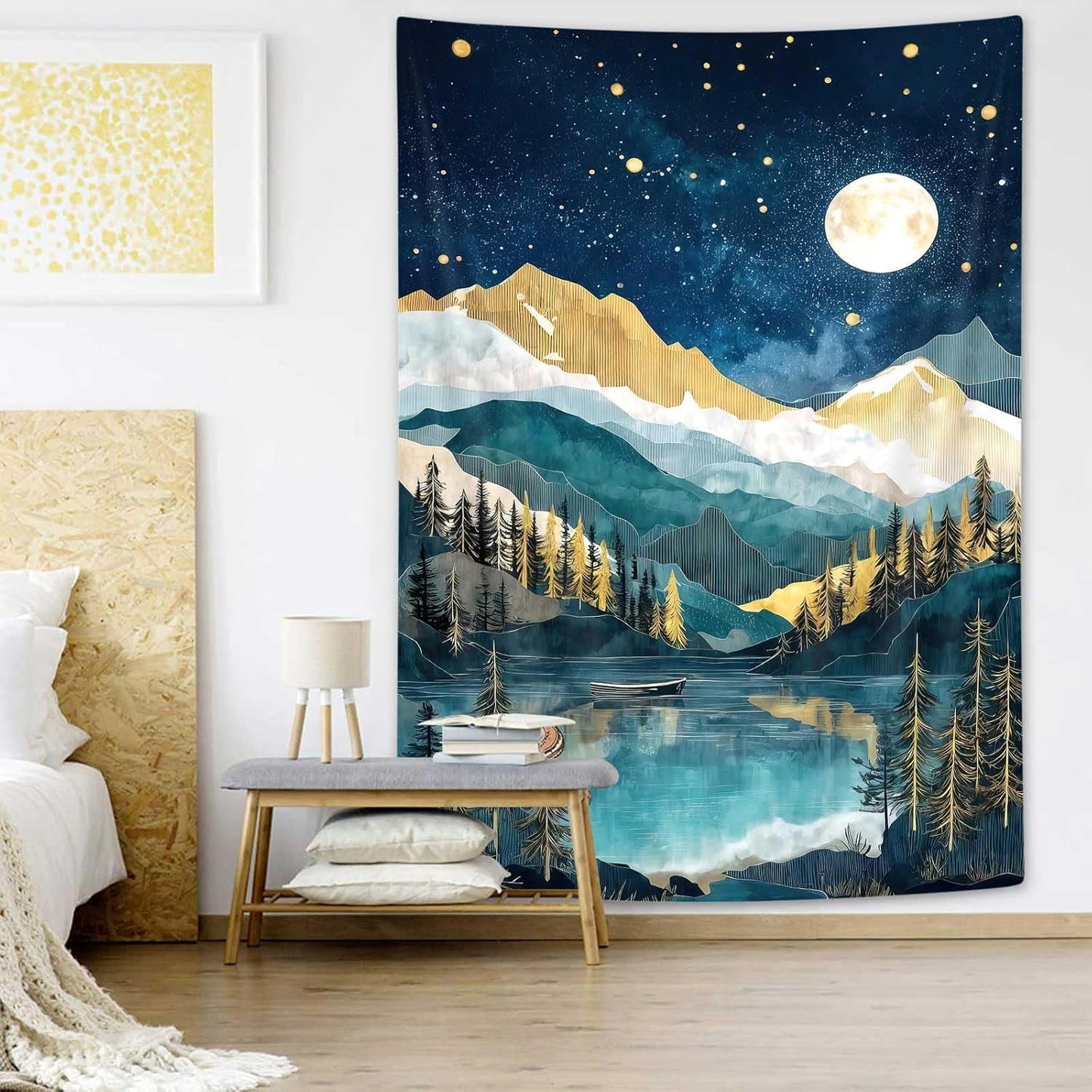 DYNH Boho Mountain Vertical Tapestry, Nature Forest Tree Lake Moon Tapestries, Bohemian Minimalist Mid Century Night Tapestry Wall Hanging for Bedroom College Dorm Asthetic Home Decor,30X40Inches