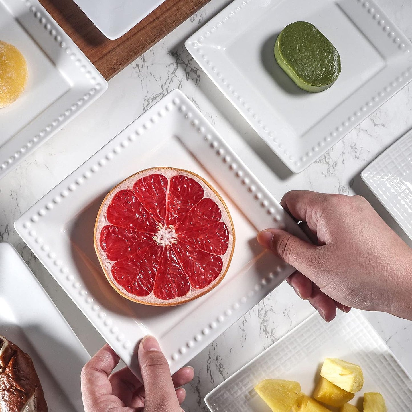 Embossed Ceramic Appetizer & Dessert Plates - Set of 6, 6 inch White Square Dinner Plates for Snack & Restaurant, Dishwasher & Microwave Safe